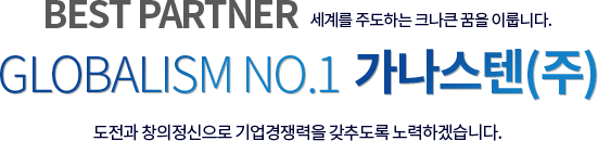 BEST PARTNER 세계를 주도하는 크나큰 꿈을 이룹니다. GLOBALISM NO.1 가나스텐(주) 도전과 창의정신으로 기업경쟁력을 갖추도록 노력하겠습니다.